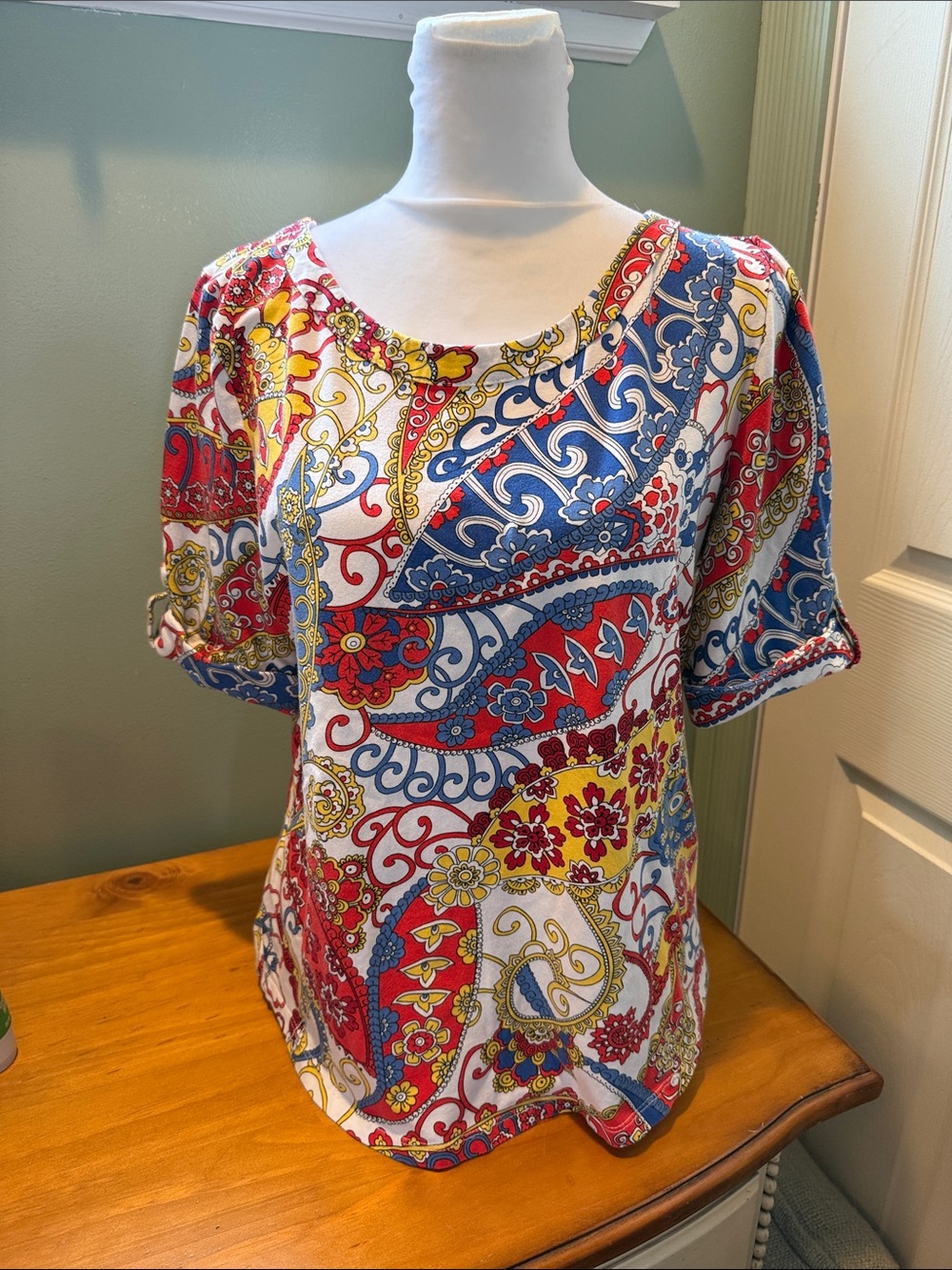 Talbots Paisley Short Sleeve Top - White, Red & Blue